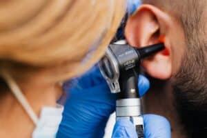 Close-up of an otoscope, ear exam